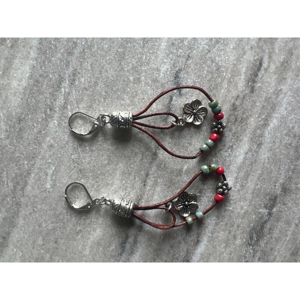 Bohemian Style Flower Charm Leather Loop Earrings